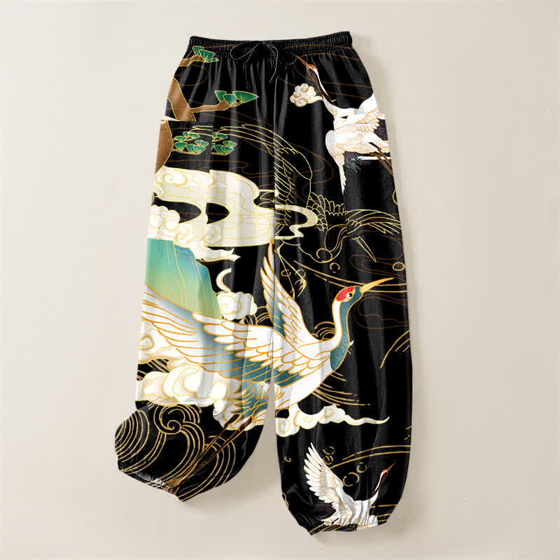 Buddha Stones Pantalones harem de algodón con estampado de grullas orientales y olas, cintura elástica y bolsillos laterales para mujer. - image 3