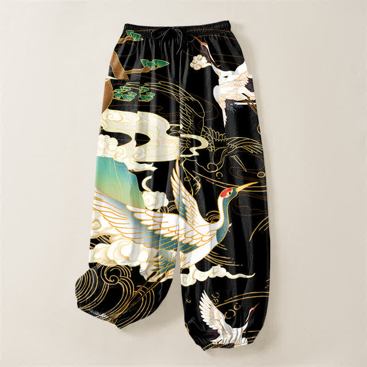 Buddha Stones Pantalones harem de algodón con estampado de grullas orientales y olas, cintura elástica y bolsillos laterales para mujer. - image 3