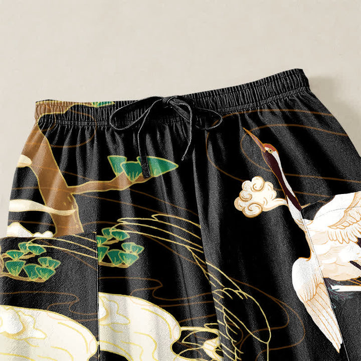 Buddha Stones Pantalones harem de algodón con estampado de grullas orientales y olas, cintura elástica y bolsillos laterales para mujer. - image 5