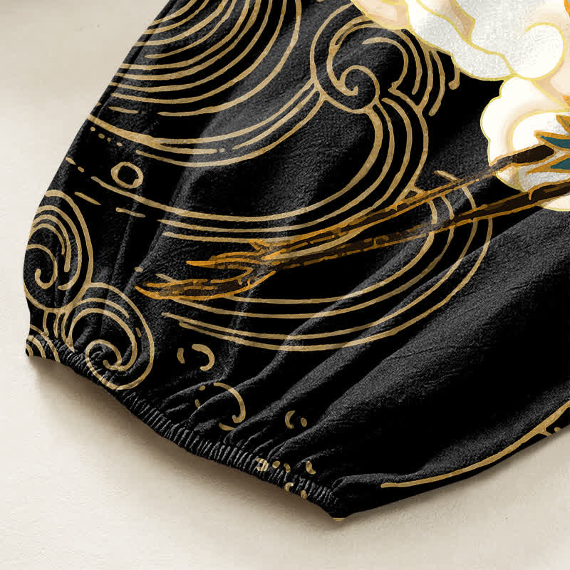 Buddha Stones Pantalones harem de algodón con estampado de grullas orientales y olas, cintura elástica y bolsillos laterales para mujer. - image 6