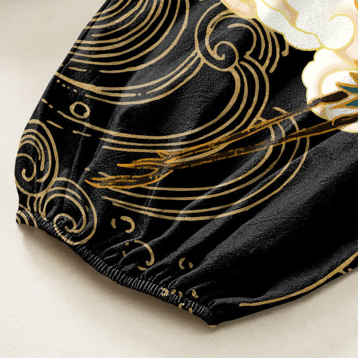 Buddha Stones Pantalones harem de algodón con estampado de grullas orientales y olas, cintura elástica y bolsillos laterales para mujer. - image 6