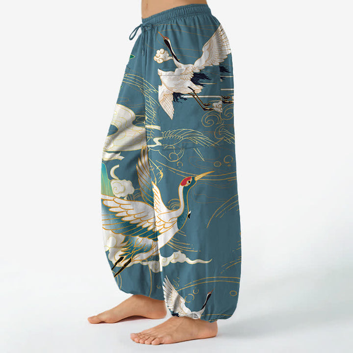 Buddha Stones Pantalones harem de algodón con estampado de grullas orientales y olas, cintura elástica y bolsillos laterales para mujer. - image 8