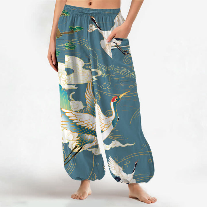 Buddha Stones Pantalones harem de algodón con estampado de grullas orientales y olas, cintura elástica y bolsillos laterales para mujer. - Azul cadete - US16，UK/AU20，EU48 (3XL) - image 7