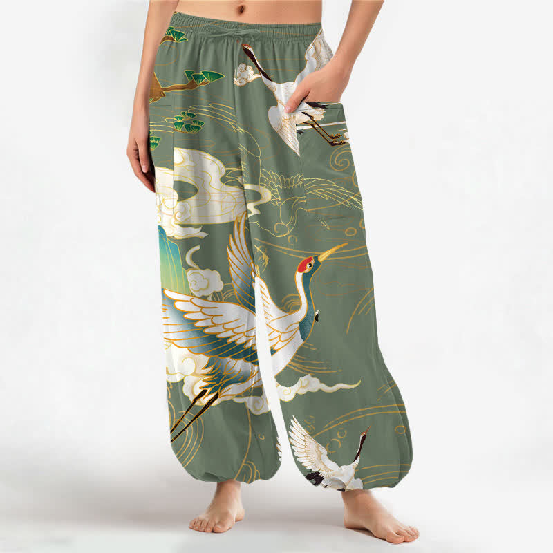 Buddha Stones Pantalones harem de algodón con estampado de grullas orientales y olas, cintura elástica y bolsillos laterales para mujer. - Verde oliva - US16，UK/AU20，EU48 (3XL) - image 10