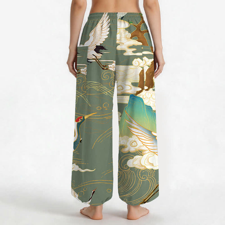 Buddha Stones Pantalones harem de algodón con estampado de grullas orientales y olas, cintura elástica y bolsillos laterales para mujer. - image 12