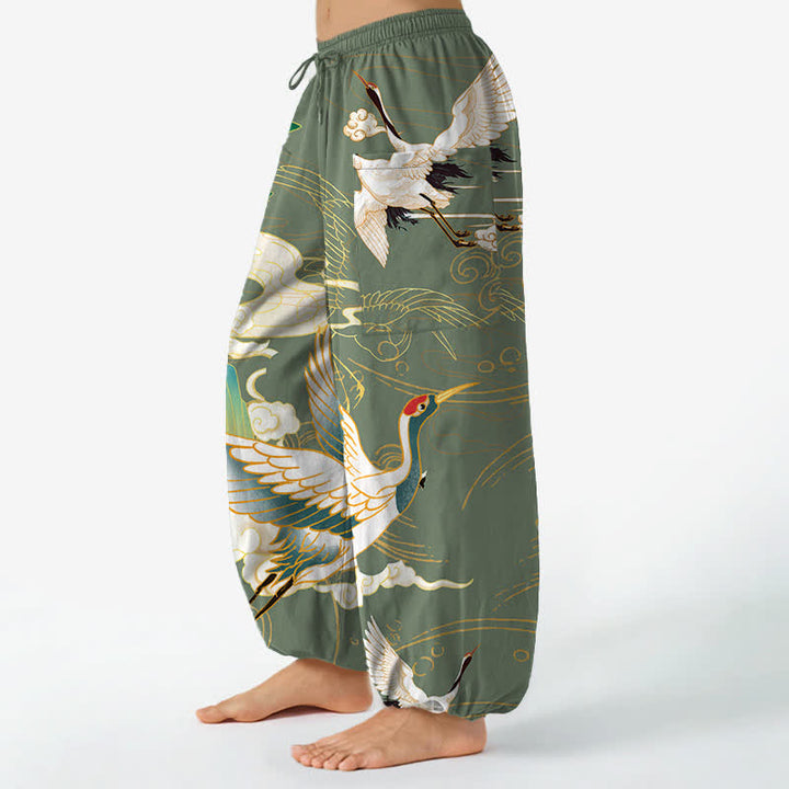 Buddha Stones Pantalones harem de algodón con estampado de grullas orientales y olas, cintura elástica y bolsillos laterales para mujer. - image 11