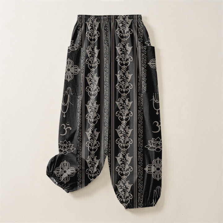 Buddha Stones Pantalones harem de mujer con cintura elástica y bolsillos laterales, estampado de flores de loto de algodón, doble Dorje Vajra Namaste OM. - image 4