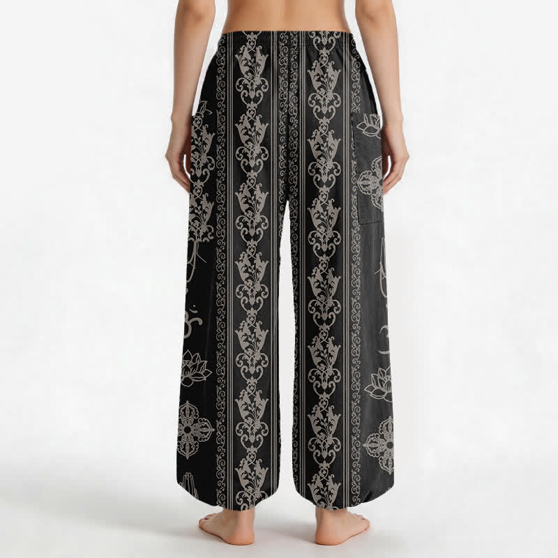 Buddha Stones Pantalones harem de mujer con cintura elástica y bolsillos laterales, estampado de flores de loto de algodón, doble Dorje Vajra Namaste OM. - image 2