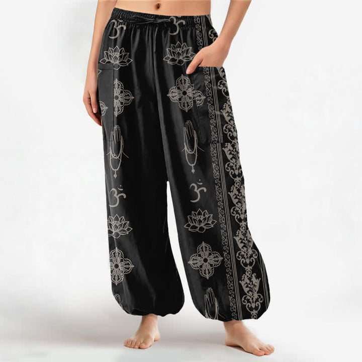Buddha Stones Pantalones harem de mujer con cintura elástica y bolsillos laterales, estampado de flores de loto de algodón, doble Dorje Vajra Namaste OM. - Negro - US16，UK/AU20，EU48 (3XL) - image 0
