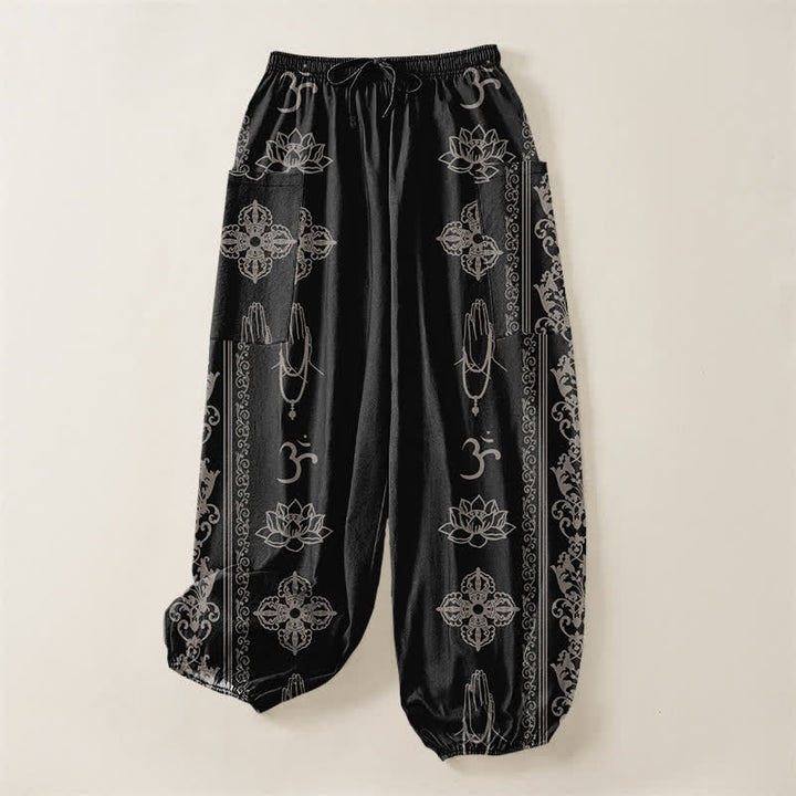 Buddha Stones Pantalones harem de mujer con cintura elástica y bolsillos laterales, estampado de flores de loto de algodón, doble Dorje Vajra Namaste OM. - image 3