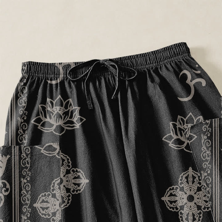 Buddha Stones Pantalones harem de mujer con cintura elástica y bolsillos laterales, estampado de flores de loto de algodón, doble Dorje Vajra Namaste OM. - image 5