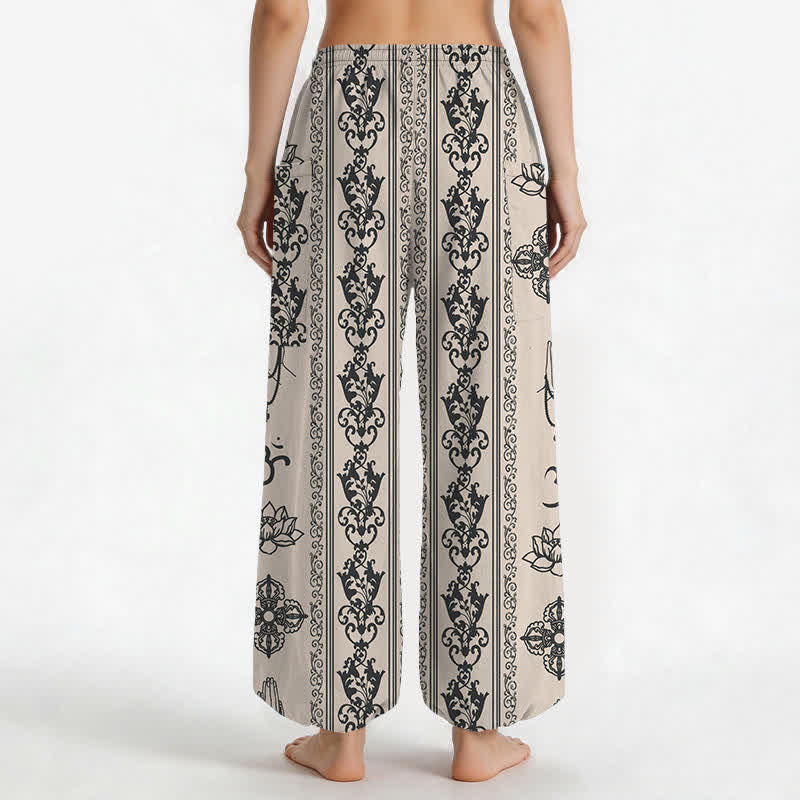 Buddha Stones Pantalones harem de mujer con cintura elástica y bolsillos laterales, estampado de flores de loto de algodón, doble Dorje Vajra Namaste OM. - image 9