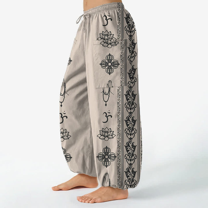Buddha Stones Pantalones harem de mujer con cintura elástica y bolsillos laterales, estampado de flores de loto de algodón, doble Dorje Vajra Namaste OM. - image 8
