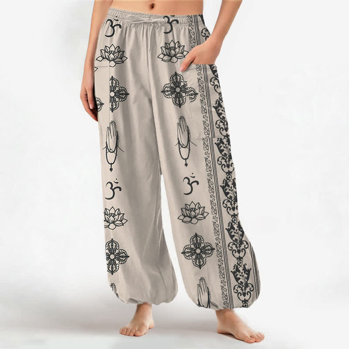 Buddha Stones Pantalones harem de mujer con cintura elástica y bolsillos laterales, estampado de flores de loto de algodón, doble Dorje Vajra Namaste OM. - Beige - US16，UK/AU20，EU48 (3XL) - image 7