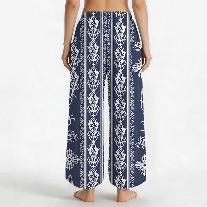 Buddha Stones Pantalones harem de mujer con cintura elástica y bolsillos laterales, estampado de flores de loto de algodón, doble Dorje Vajra Namaste OM. - image 12