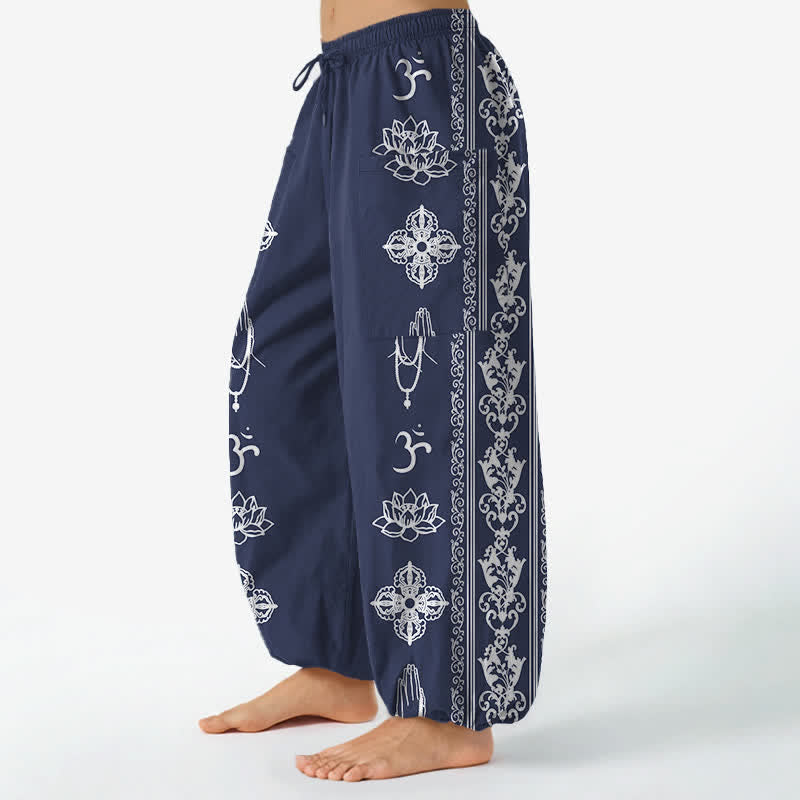 Buddha Stones Pantalones harem de mujer con cintura elástica y bolsillos laterales, estampado de flores de loto de algodón, doble Dorje Vajra Namaste OM. - image 11