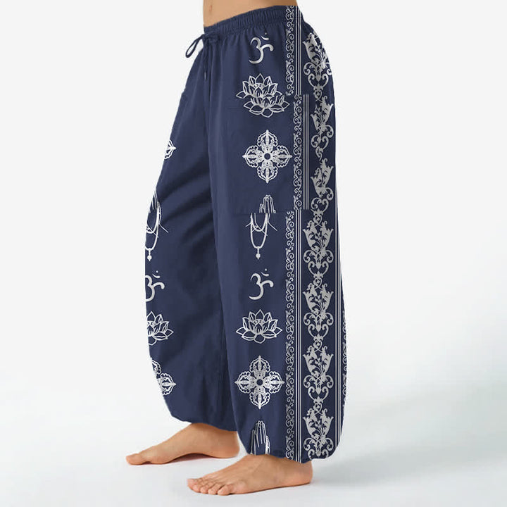 Buddha Stones Pantalones harem de mujer con cintura elástica y bolsillos laterales, estampado de flores de loto de algodón, doble Dorje Vajra Namaste OM. - image 11