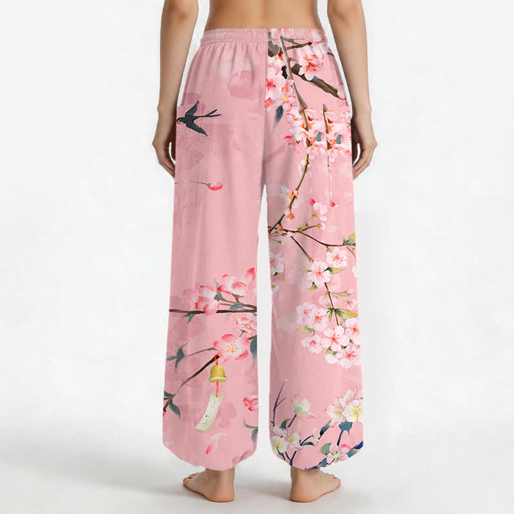 Buddha Stones Pantalones harem de mujer con cintura elástica y bolsillos laterales, estampado de flores de durazno y pájaros volando, hechos de algodón. - image 9