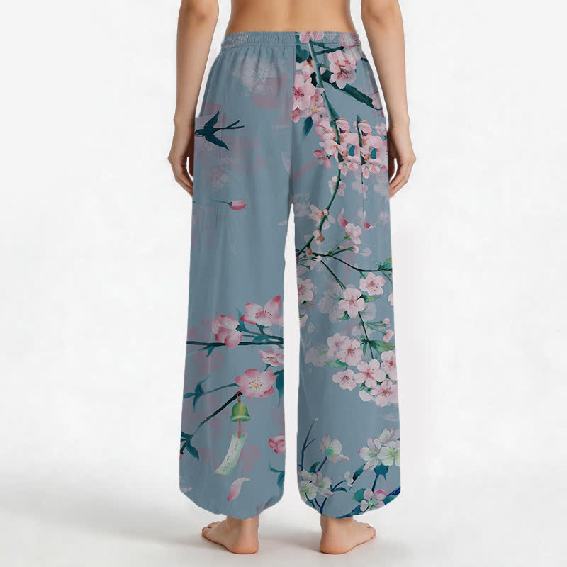 Buddha Stones Pantalones harem de mujer con cintura elástica y bolsillos laterales, estampado de flores de durazno y pájaros volando, hechos de algodón. - image 12