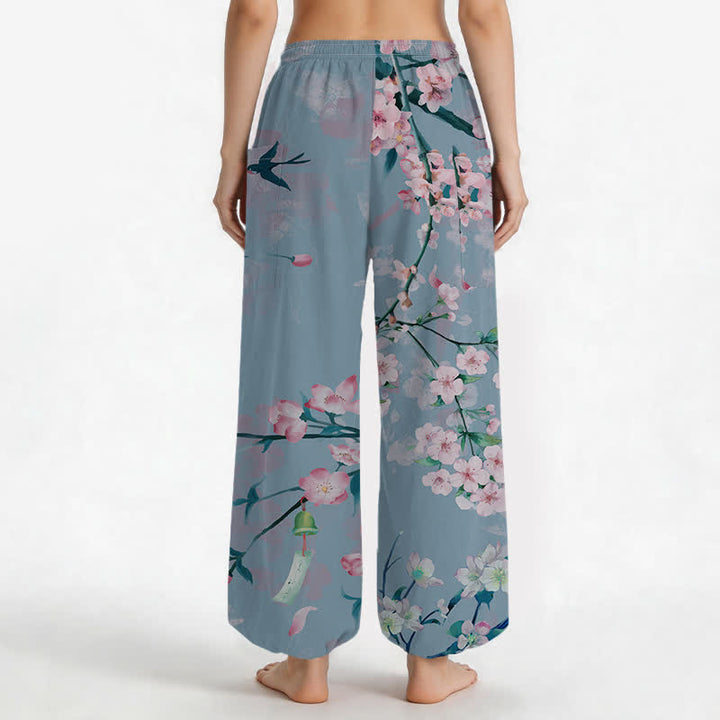 Buddha Stones Pantalones harem de mujer con cintura elástica y bolsillos laterales, estampado de flores de durazno y pájaros volando, hechos de algodón. - image 12