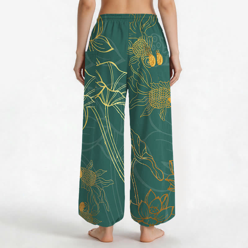 Buddha Stones Pantalones harem de algodón dorado con estampado de peces koi para mujer, cintura elástica y bolsillos laterales. - image 2