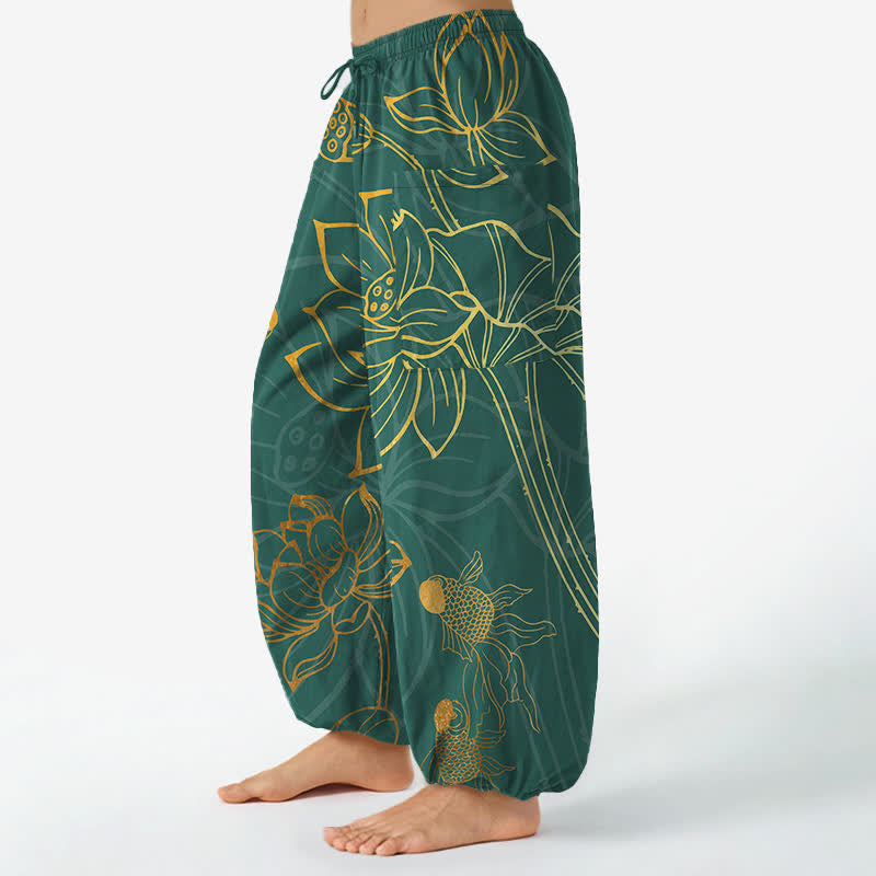 Buddha Stones Pantalones harem de algodón dorado con estampado de peces koi para mujer, cintura elástica y bolsillos laterales. - image 1