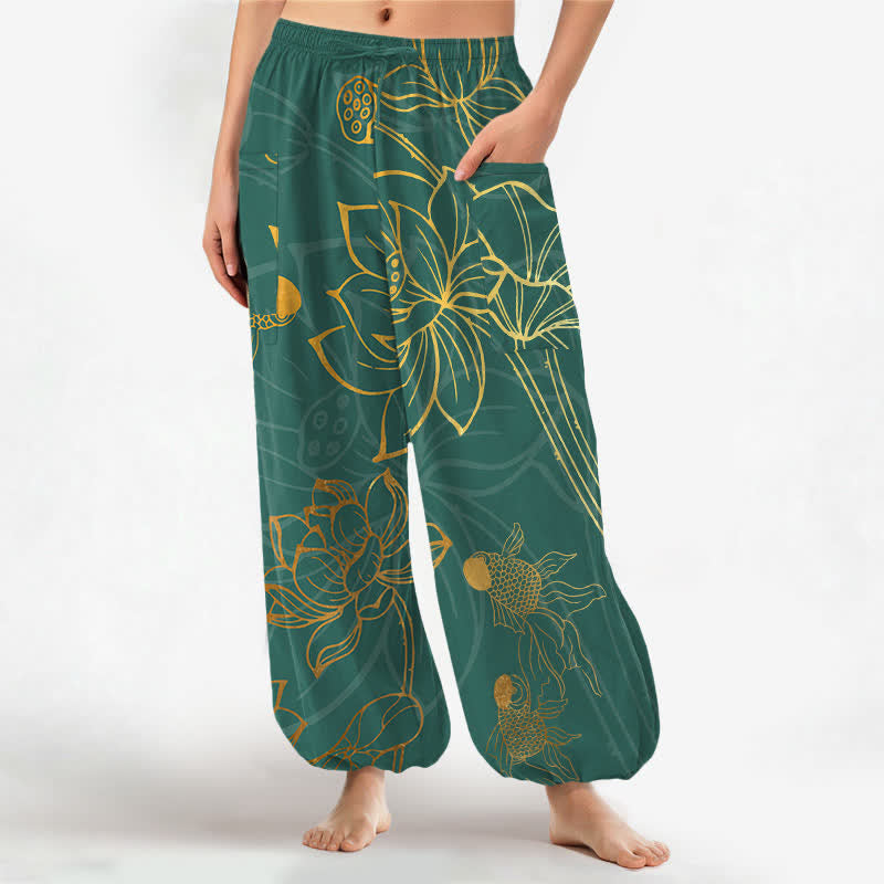 Buddha Stones Pantalones harem de algodón dorado con estampado de peces koi para mujer, cintura elástica y bolsillos laterales. - Verde azulado - US16，UK/AU20，EU48 (3XL) - image 0