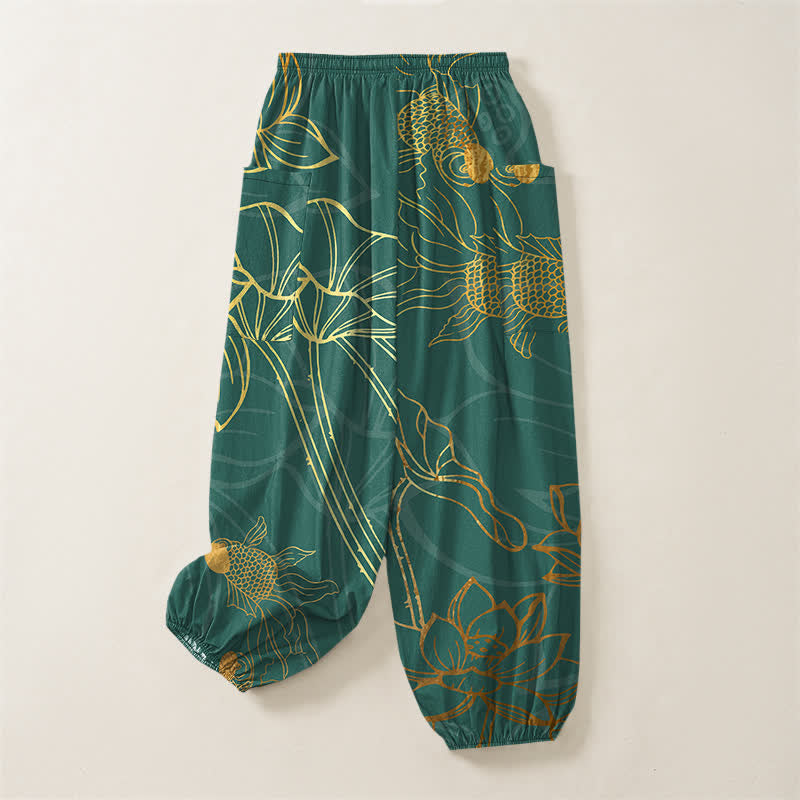 Buddha Stones Pantalones harem de algodón dorado con estampado de peces koi para mujer, cintura elástica y bolsillos laterales. - image 4