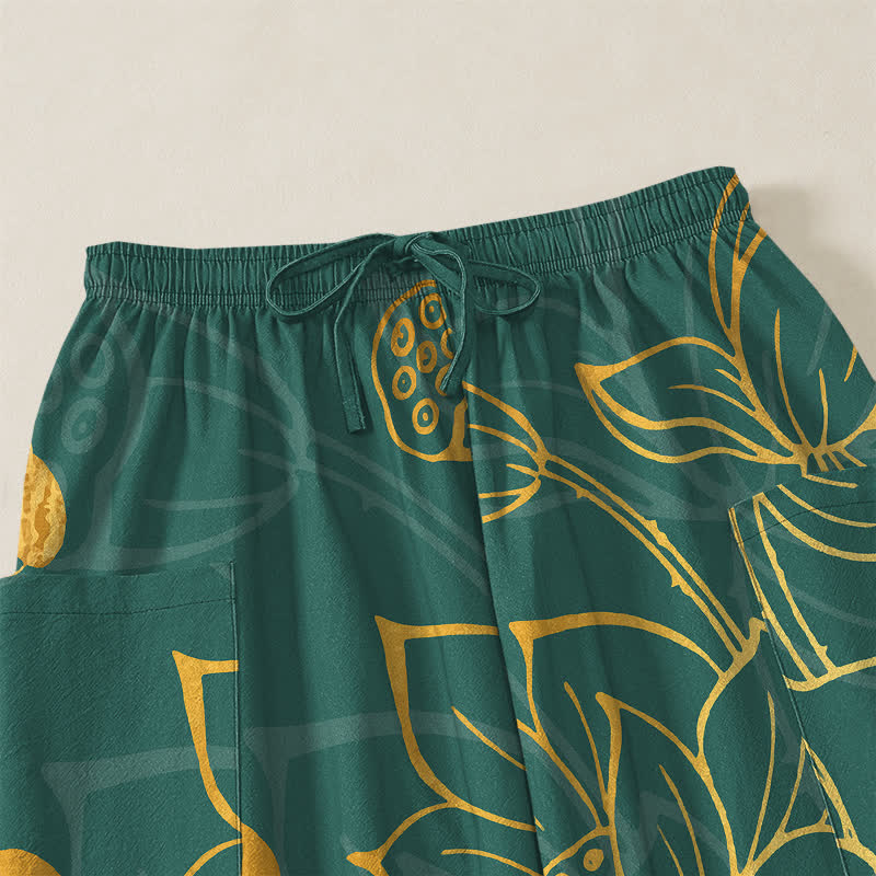 Buddha Stones Pantalones harem de algodón dorado con estampado de peces koi para mujer, cintura elástica y bolsillos laterales. - image 5