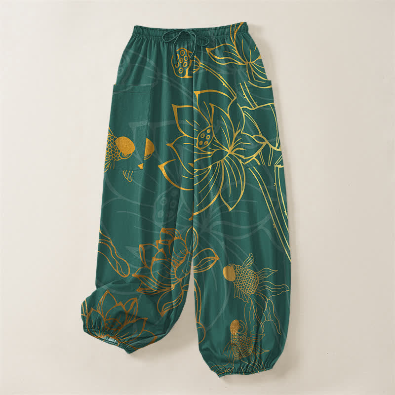 Buddha Stones Pantalones harem de algodón dorado con estampado de peces koi para mujer, cintura elástica y bolsillos laterales. - image 3