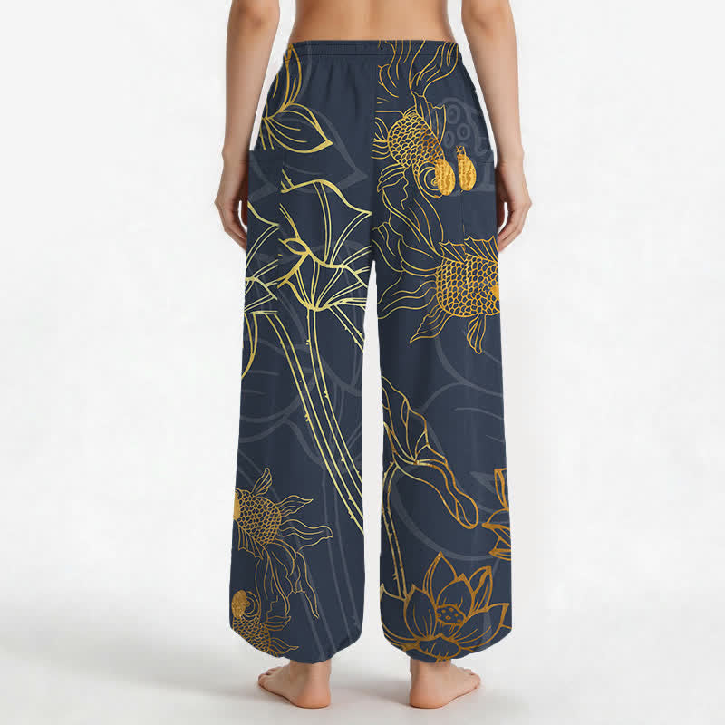 Buddha Stones Pantalones harem de algodón dorado con estampado de peces koi para mujer, cintura elástica y bolsillos laterales. - image 9