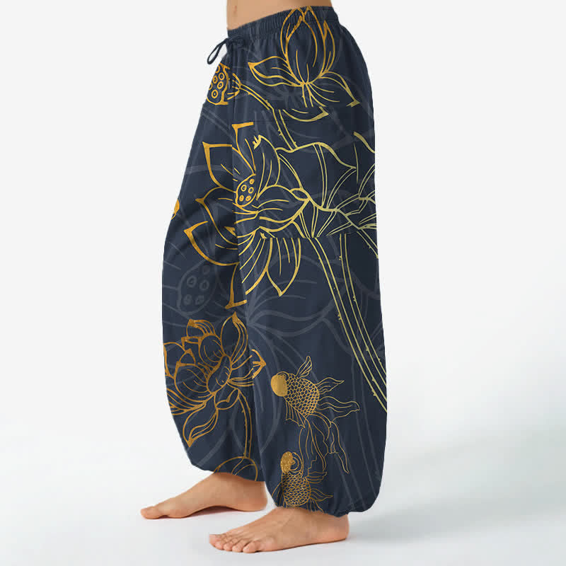 Buddha Stones Pantalones harem de algodón dorado con estampado de peces koi para mujer, cintura elástica y bolsillos laterales. - image 8