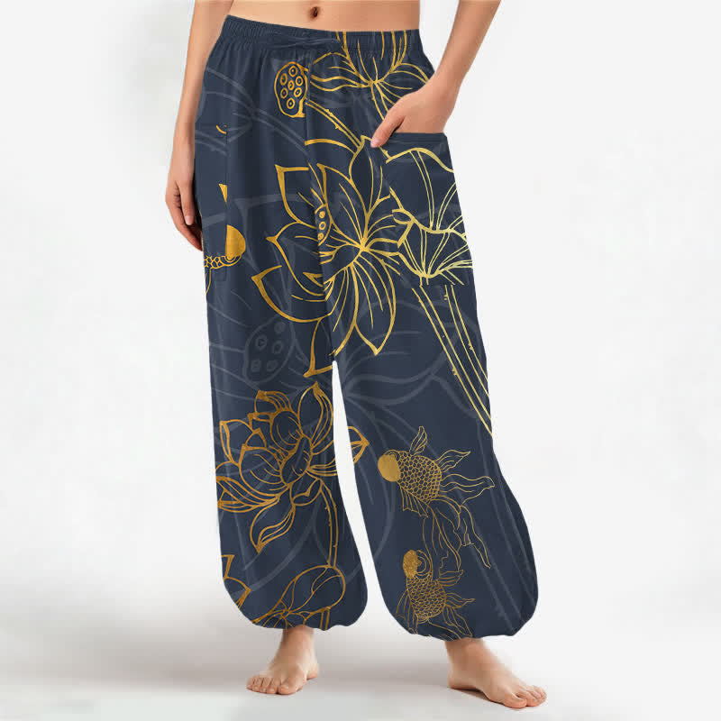 Buddha Stones Pantalones harem de algodón dorado con estampado de peces koi para mujer, cintura elástica y bolsillos laterales. - Gris oscuro - US16，UK/AU20，EU48 (3XL) - image 7