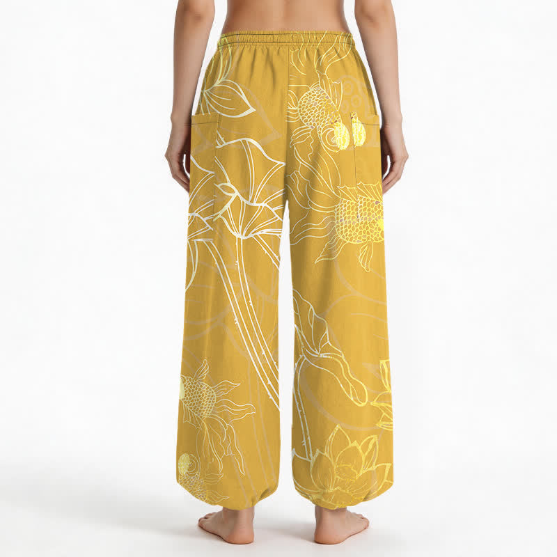 Buddha Stones Pantalones harem de algodón dorado con estampado de peces koi para mujer, cintura elástica y bolsillos laterales. - image 12
