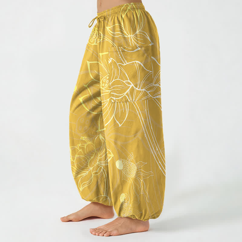 Buddha Stones Pantalones harem de algodón dorado con estampado de peces koi para mujer, cintura elástica y bolsillos laterales. - image 11