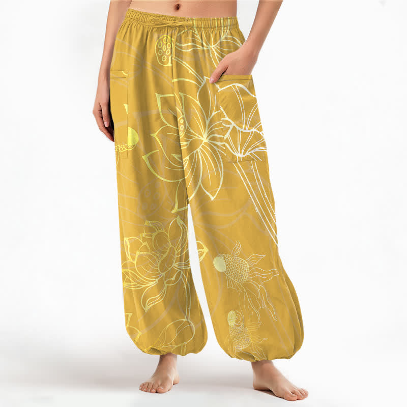 Buddha Stones Pantalones harem de algodón dorado con estampado de peces koi para mujer, cintura elástica y bolsillos laterales. - Oro - US16，UK/AU20，EU48 (3XL) - image 10