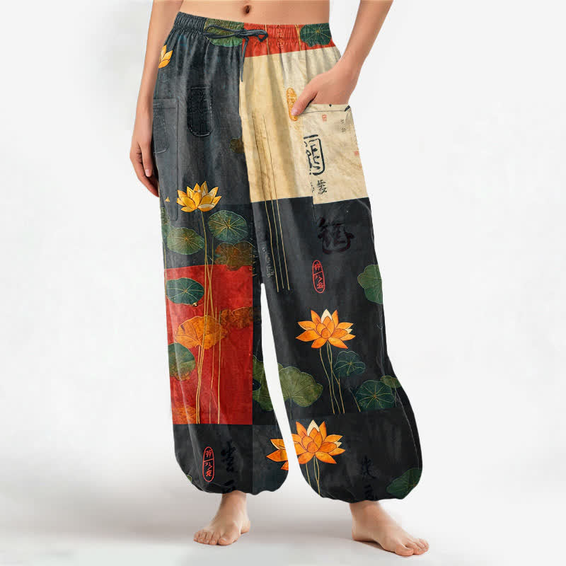 Buddha Stones Pantalones harem de mujer con cintura elástica y bolsillos laterales, estampado patchwork de hojas de loto orientales de algodón. - Negro - US16，UK/AU20，EU48 (3XL) - image 0