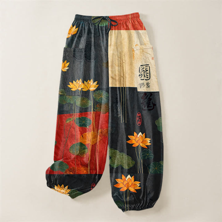 Buddha Stones Pantalones harem de mujer con cintura elástica y bolsillos laterales, estampado patchwork de hojas de loto orientales de algodón. - image 3