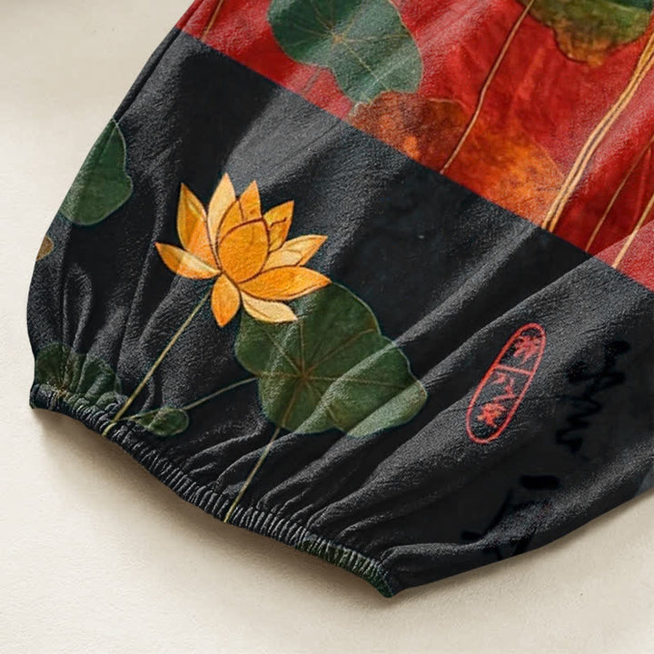 Buddha Stones Pantalones harem de mujer con cintura elástica y bolsillos laterales, estampado patchwork de hojas de loto orientales de algodón. - image 6