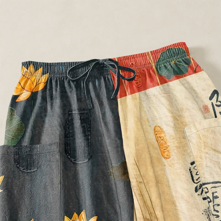 Buddha Stones Pantalones harem de mujer con cintura elástica y bolsillos laterales, estampado patchwork de hojas de loto orientales de algodón. - image 5