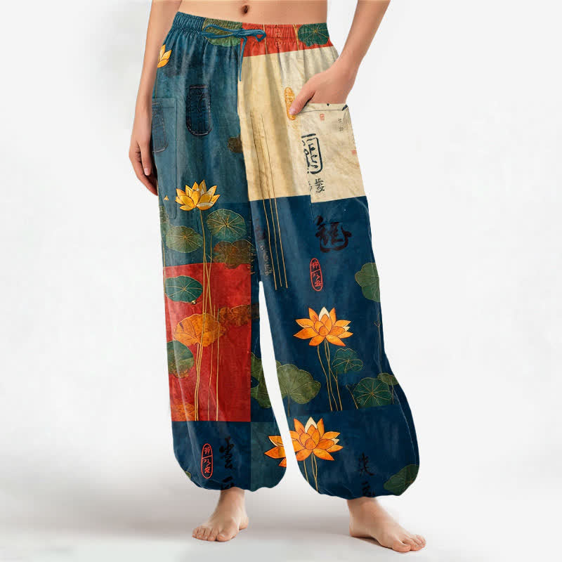 Buddha Stones Pantalones harem de mujer con cintura elástica y bolsillos laterales, estampado patchwork de hojas de loto orientales de algodón. - Azul acero - US16，UK/AU20，EU48 (3XL) - image 7