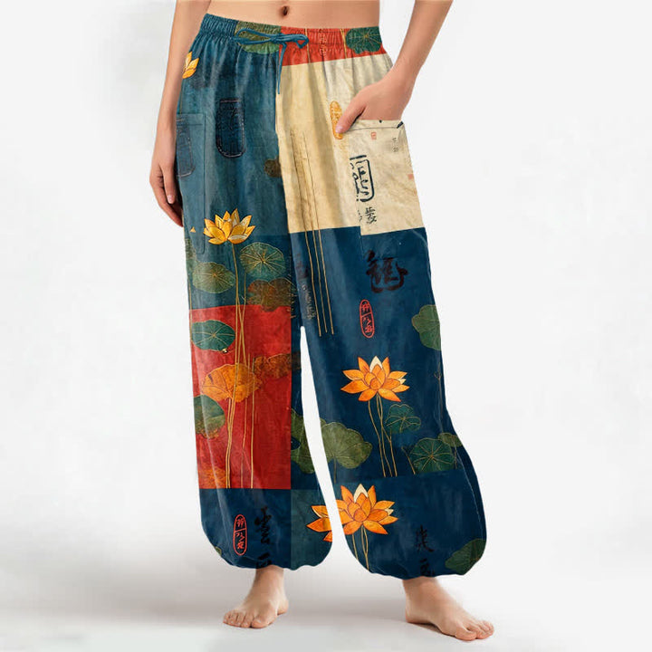 Buddha Stones Pantalones harem de mujer con cintura elástica y bolsillos laterales, estampado patchwork de hojas de loto orientales de algodón. - Azul acero - US16，UK/AU20，EU48 (3XL) - image 7