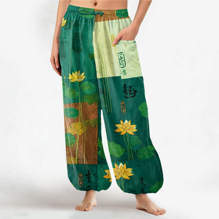 Buddha Stones Pantalones harem de mujer con cintura elástica y bolsillos laterales, estampado patchwork de hojas de loto orientales de algodón. - Aguamarina medio - US16，UK/AU20，EU48 (3XL) - image 10