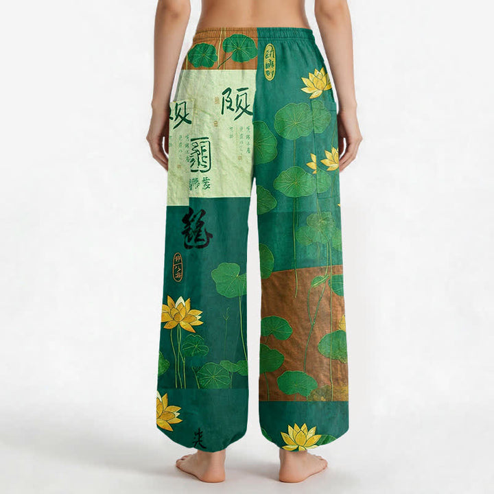 Buddha Stones Pantalones harem de mujer con cintura elástica y bolsillos laterales, estampado patchwork de hojas de loto orientales de algodón. - image 12