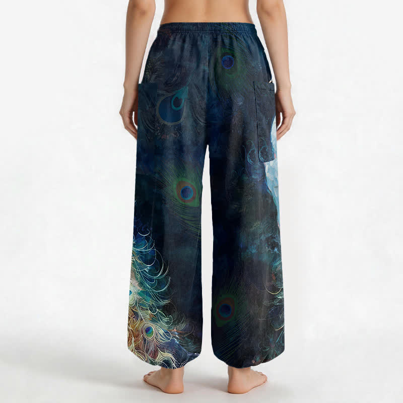 Buddha Stones Pantalones harem de algodón blanco con estampado de plumas de pavo real para mujer, cintura elástica y bolsillos laterales. - image 2