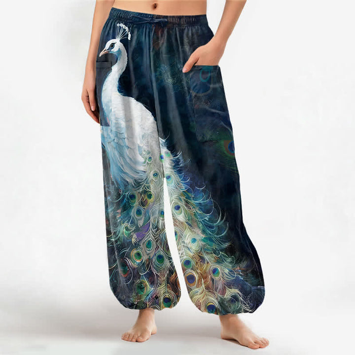 Buddha Stones Pantalones harem de algodón blanco con estampado de plumas de pavo real para mujer, cintura elástica y bolsillos laterales. - Marina de guerra - US16，UK/AU20，EU48 (3XL) - image 0