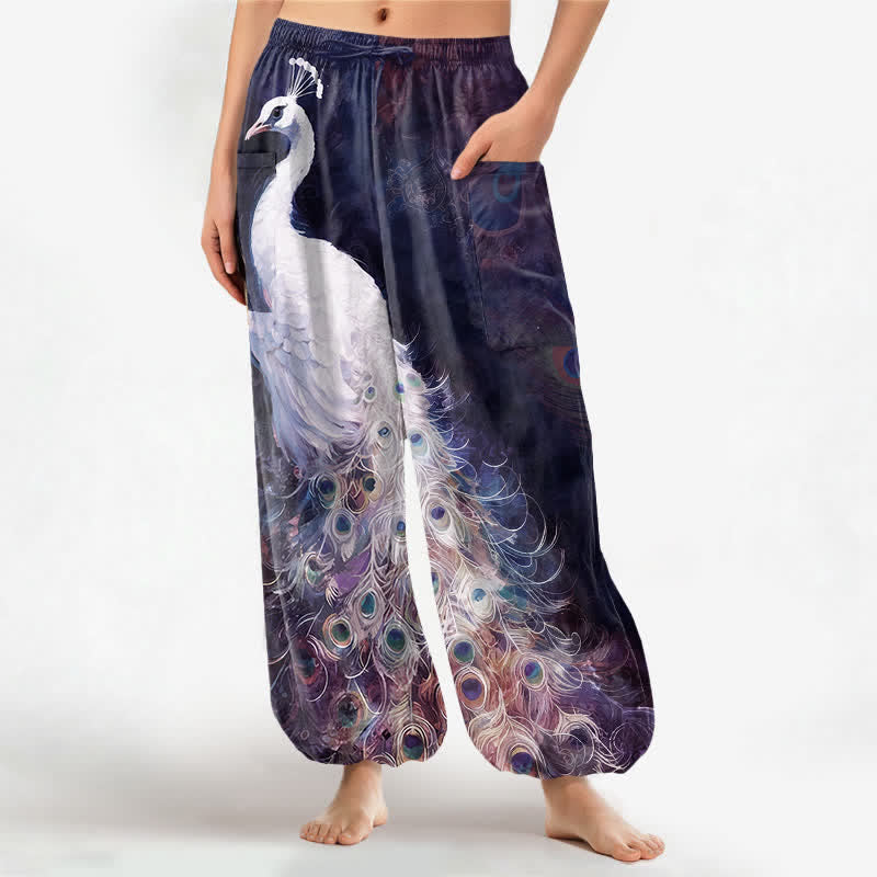 Buddha Stones Pantalones harem de algodón blanco con estampado de plumas de pavo real para mujer, cintura elástica y bolsillos laterales. - Índigo - US16，UK/AU20，EU48 (3XL) - image 7