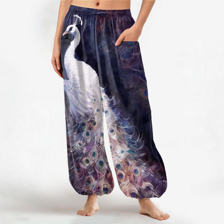 Buddha Stones Pantalones harem de algodón blanco con estampado de plumas de pavo real para mujer, cintura elástica y bolsillos laterales. - Índigo - US16，UK/AU20，EU48 (3XL) - image 7