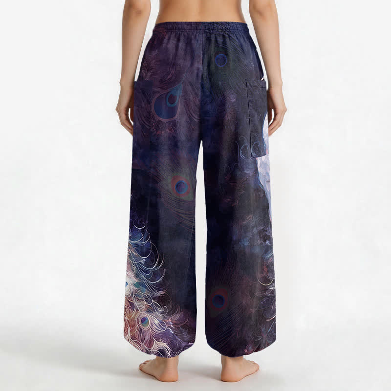 Buddha Stones Pantalones harem de algodón blanco con estampado de plumas de pavo real para mujer, cintura elástica y bolsillos laterales. - image 9