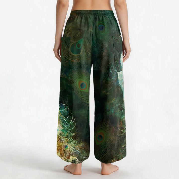 Buddha Stones Pantalones harem de algodón blanco con estampado de plumas de pavo real para mujer, cintura elástica y bolsillos laterales. - image 12